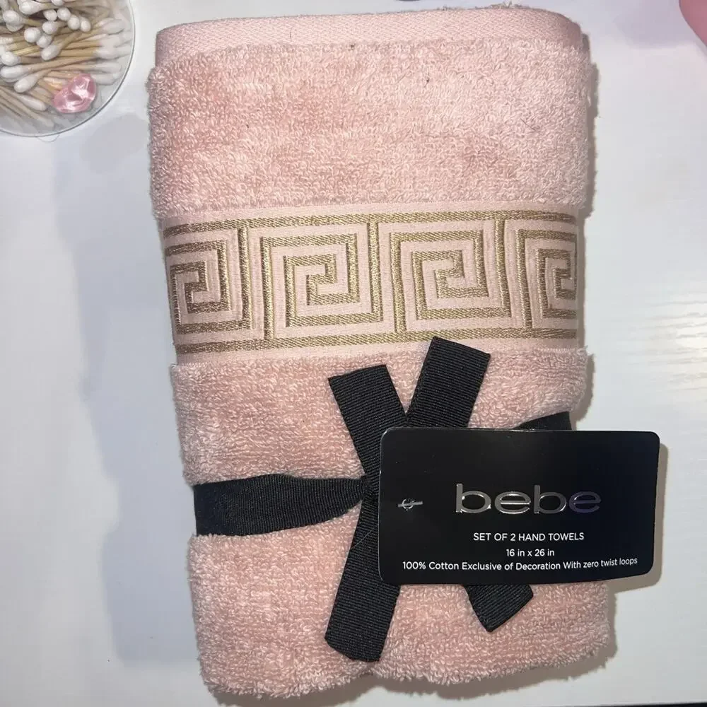 SET of 2 NEW BEBE PINK and GOLD 100% COTTON ZERO TWIST LOOP 16 x 26 HAND TOWELS